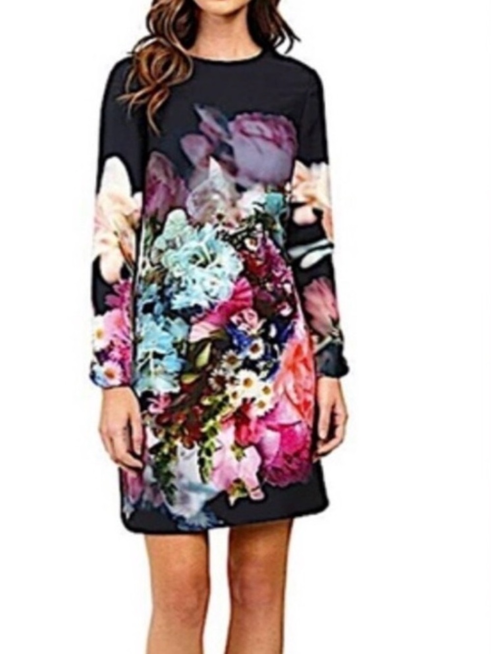 Ted Baker Black Long Sleeve Floral Shift Dress